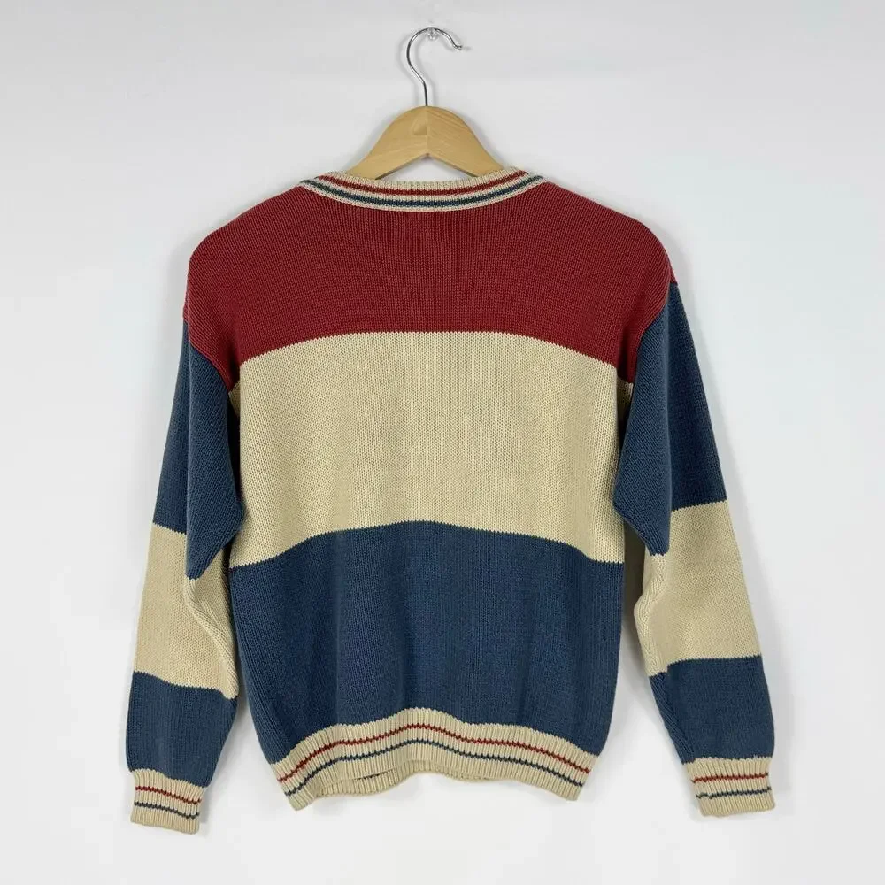 Gap Kids Vintage 80s Varsity Teams Knit Sweater Large Red Beige Blue 100% Cotton